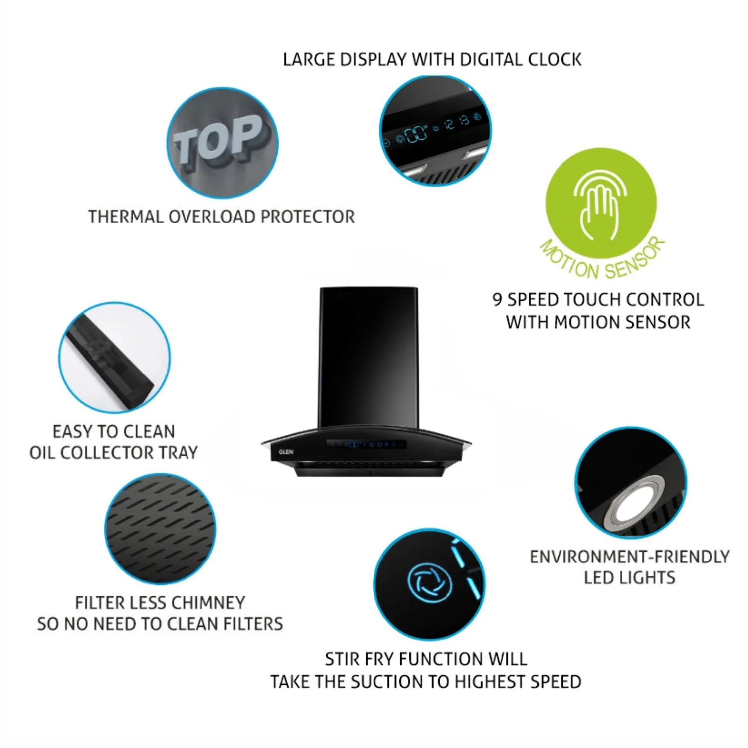 Glen Auto Clean Chimney with digital display 1400 m³/h - 76 (6069 BL BLDC AC ) - Image