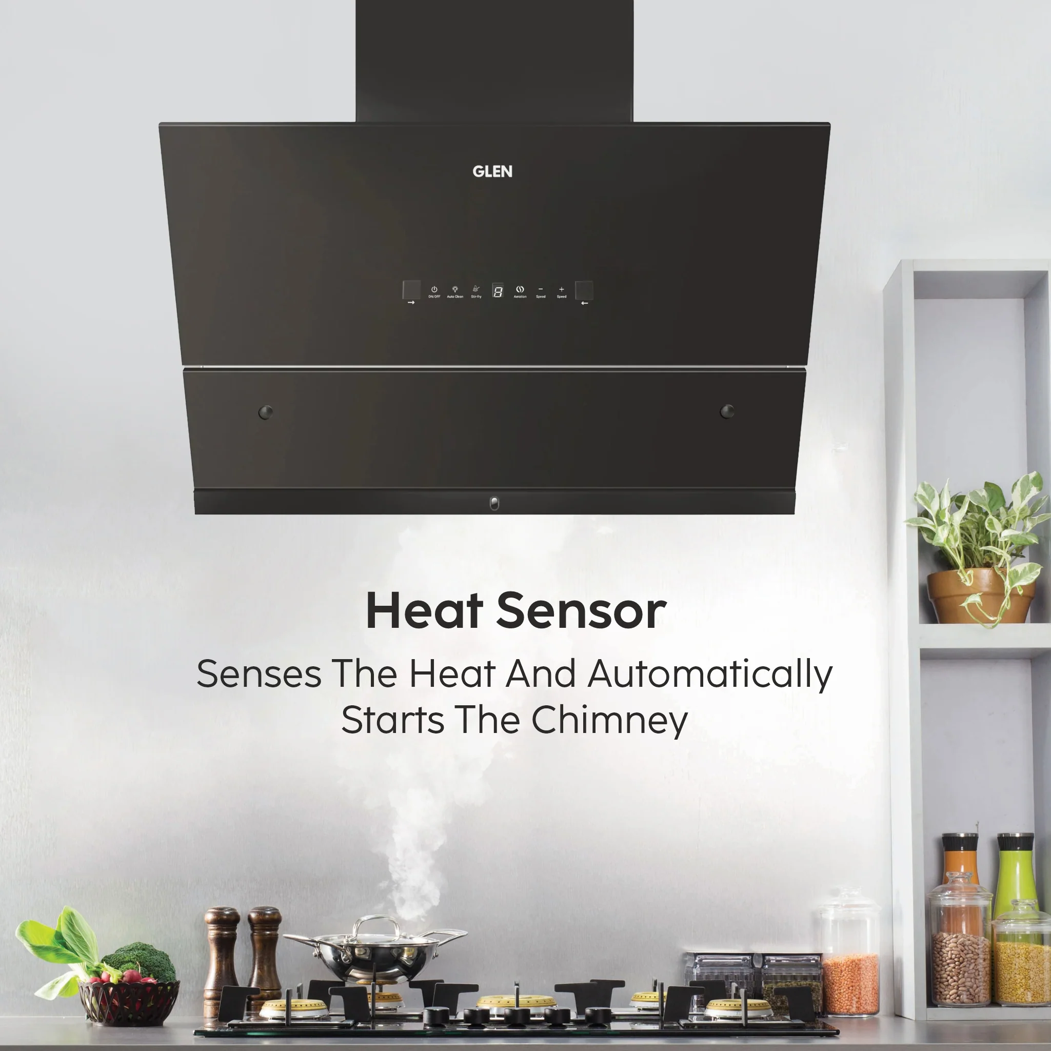 Glen Auto Clean Chimney with Heat Sensor, 1600 m³/h - 90cm (CH 6065 HSR BLDC BL AC) - Image