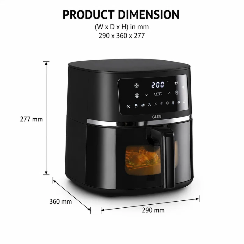 Glen Digital Air Fryer 6 Litre Capacity with 8 Pre Set Menu Timer, Temperature Control, 1500W - Black (SA3062DIGI) - Image
