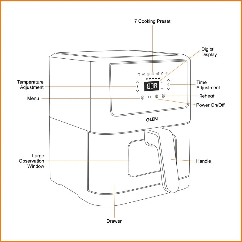 Glen Air Fryer, 6.0 Litre Digital Controls, 7 Pre Set Menu 1500W (3043 DSS) - Image
