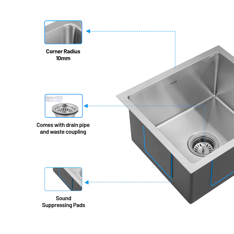 Glen Stainless Steel Grade 304 Sink for Kitchen, Single Bowl Handmade Sink 18x16x9 inches, Matte Finish (KS-SH18169SBM) - Image