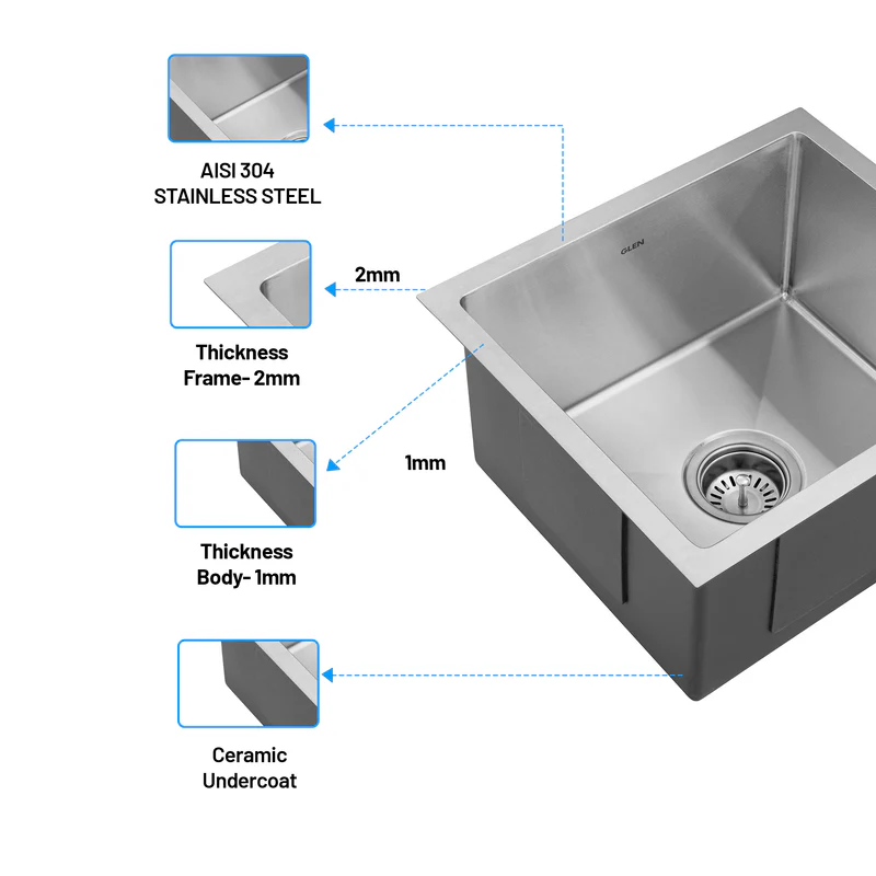 Glen Stainless Steel Grade 304 Sink for Kitchen, Single Bowl Handmade Sink 18x16x9 inches, Matte Finish (KS-SH18169SBM) - Image
