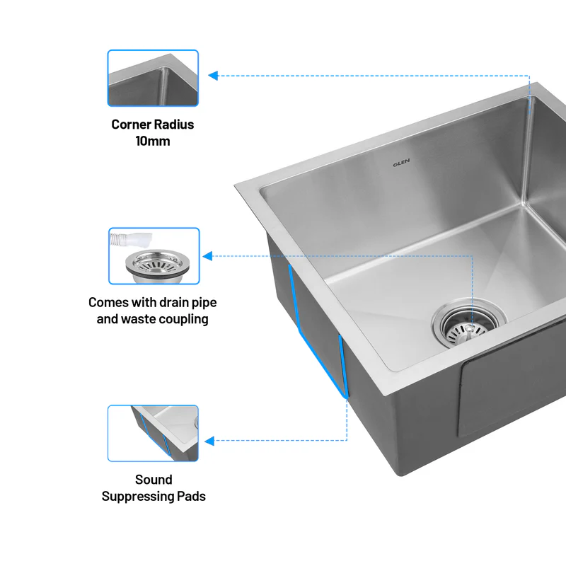 Glen Stainless Steel Grade 304 Sink for Kitchen, Single Bowl Handmade Sink 24x18x9 inches, Matte Finish (KS-SH24189SBM) - Image
