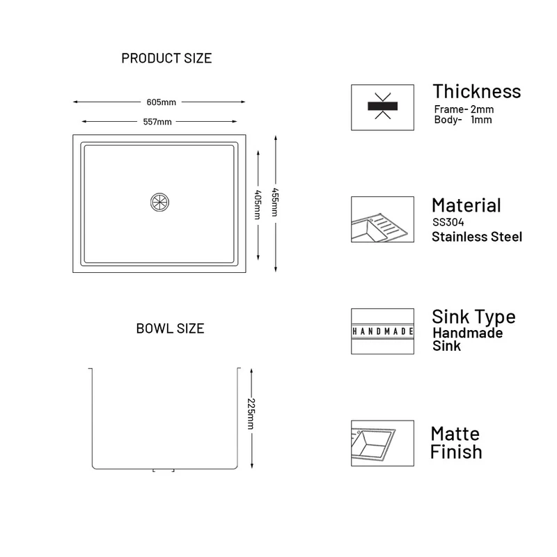 Glen Stainless Steel Grade 304 Sink for Kitchen, Single Bowl Handmade Sink 24x18x9 inches, Matte Finish (KS-SH24189SBM) - Image