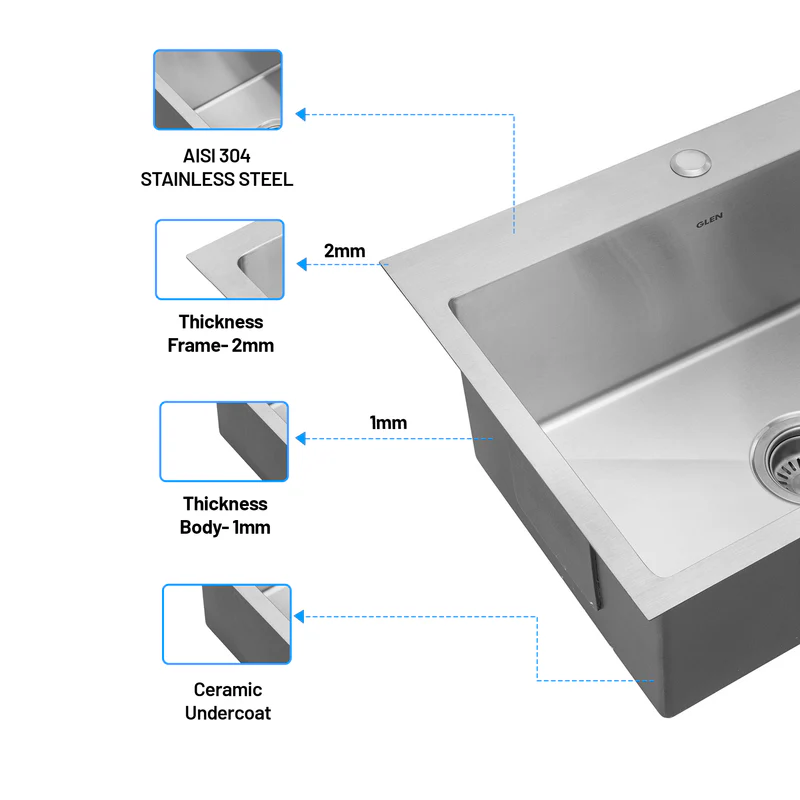 Glen Stainless Steel Grade 304 Sink for Kitchen, Single Bowl Handmade Sink with Full Faucet Deck 24x18x9 inches, Matte Finish (KS-SH24189SBFFDM) - Image