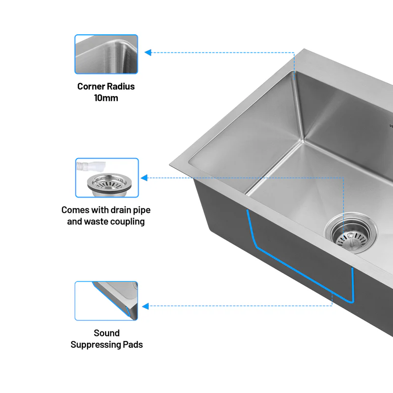 Glen Stainless Steel Grade 304 Sink for Kitchen, Single Bowl Handmade Sink with Full Faucet Deck 24x18x9 inches, Matte Finish (KS-SH24189SBFFDM) - Image