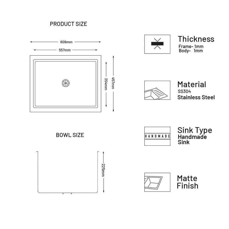 Glen Stainless Steel Grade 304 Sink for Kitchen, Single Bowl Handmade Sink with Full Faucet Deck 24x18x9 inches, Matte Finish (KS-SH24189SBFFDM) - Image