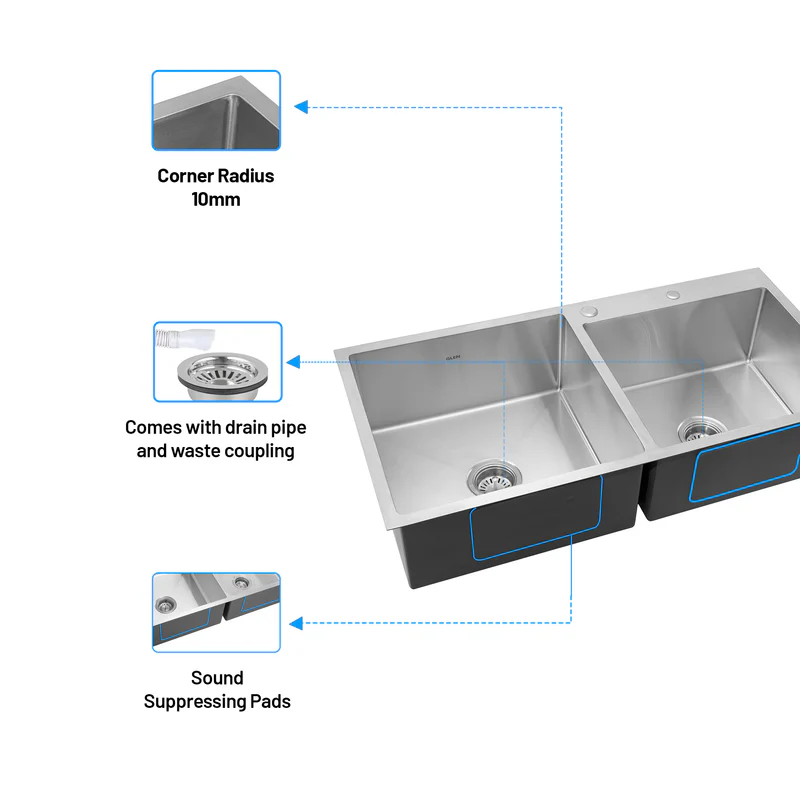 Glen Stainless Steel Grade 304 Sink for Kitchen, Double Bowl Handmade Sink with Half Faucet Deck 37x20x9 inches, Matte Finish (KS-SH37209DBHFDM) - Image