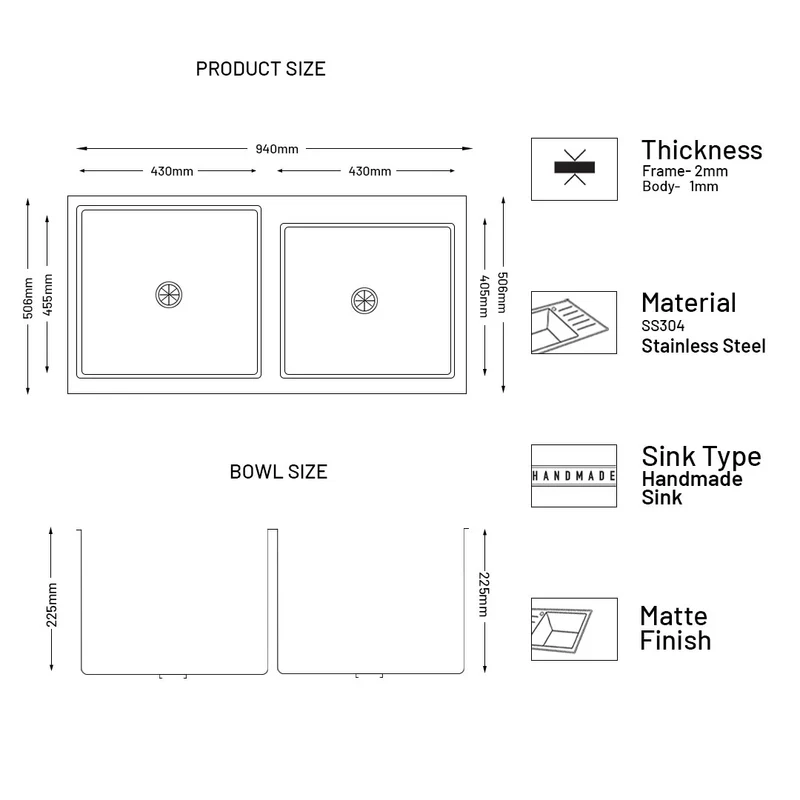 Glen Stainless Steel Grade 304 Sink for Kitchen, Double Bowl Handmade Sink with Half Faucet Deck 37x20x9 inches, Matte Finish (KS-SH37209DBHFDM) - Image