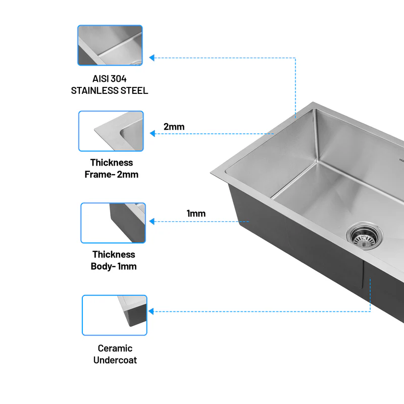 Glen Stainless Steel Grade 304 Sink for Kitchen, Single Bowl Handmade Sink 30x18x9 inches, Matte Finish (KS-SH30189SBM) - Image