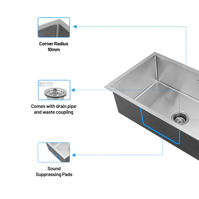Glen Stainless Steel Grade 304 Sink for Kitchen, Single Bowl Handmade Sink 30x18x9 inches, Matte Finish (KS-SH30189SBM) - Image