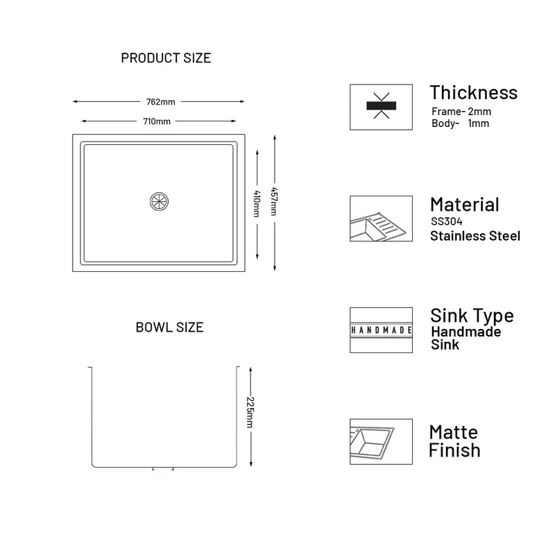 Glen Stainless Steel Grade 304 Sink for Kitchen, Single Bowl Handmade Sink 30x18x9 inches, Matte Finish (KS-SH30189SBM) - Image