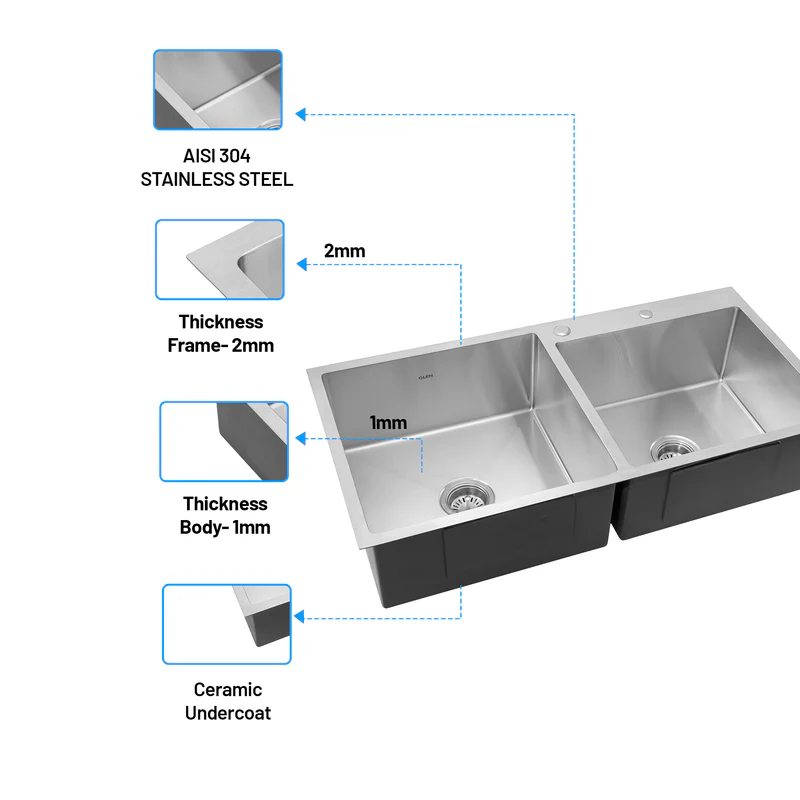Glen Stainless Steel Grade 304 Sink for Kitchen, Double Bowl Handmade Sink with Half Faucet Deck 32x18x9 inches, Matte Finish (KS-SH32189DBHFDM) - Image