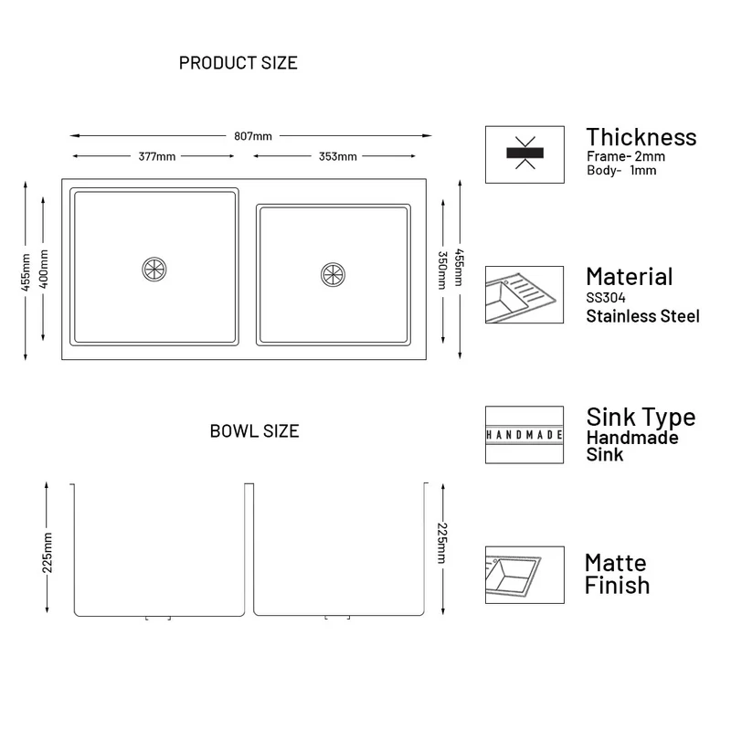 Glen Stainless Steel Grade 304 Sink for Kitchen, Double Bowl Handmade Sink with Half Faucet Deck 32x18x9 inches, Matte Finish (KS-SH32189DBHFDM) - Image