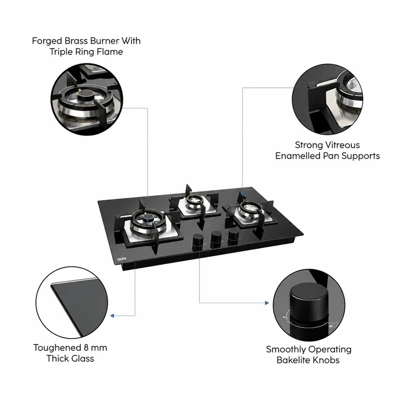Glen 3 Burner Glass Hob Top Forged Brass Burners (1073 SQHTDBTR) - Image