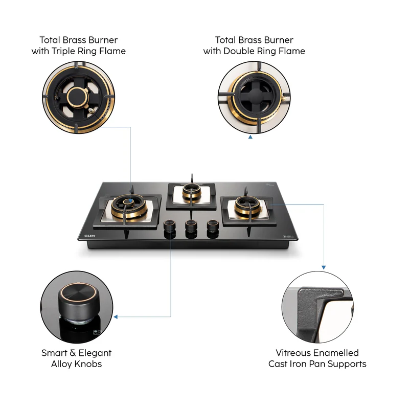Glen 3 Burner Glass Gas Hob Top with Total Brass Burner (1073CIHTTDBTR) - Image