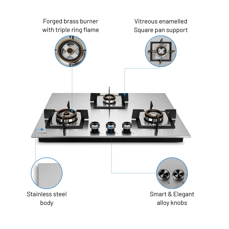 Glen 3 Burner Stainless Steel Hob Top Forged Brass Burners(BH1073SQHTSSDBMT70) - Image