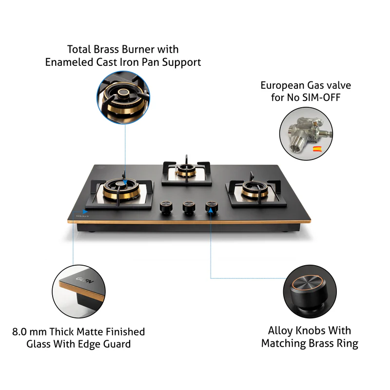 Glen 3 Burner Glass Hob Top Total Brass Burners (1073XLCIHTTTRMG) - Image