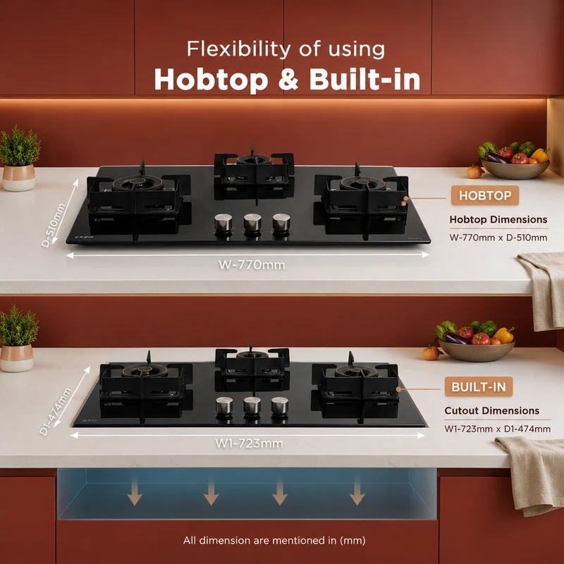 Glen 3 Burner DFVS Glass Hob Forged Brass Burners (BH1073DFHT2TR77) - Image