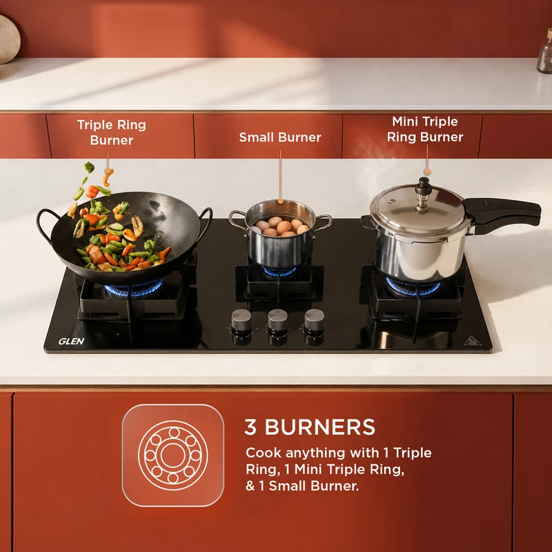 Glen 3 Burner DFVS Glass Hob Forged Brass Burners (BH1073DFHT2TR77) - Image