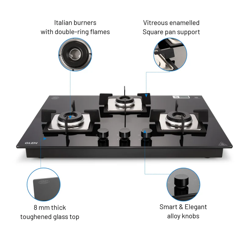 Glen 3 Burner Glass Hob Top with Italian Burners (BH 1073 SQ HT IN 70) - Image