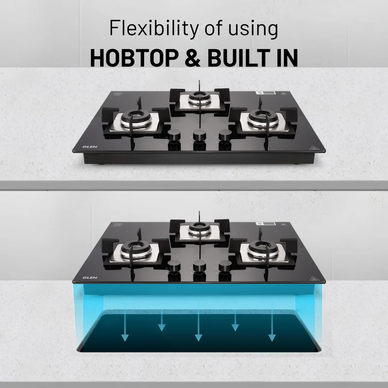 Glen 3 Burner Glass Hob Top with Italian Burners (BH 1073 SQ HT IN 70) - Image