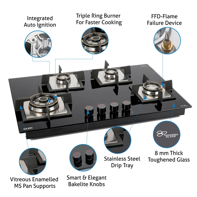 Glen 4 Burner Glass Hob Top Brass Burner Flame Failure Device (1074 SQHTTRFFD) - Image