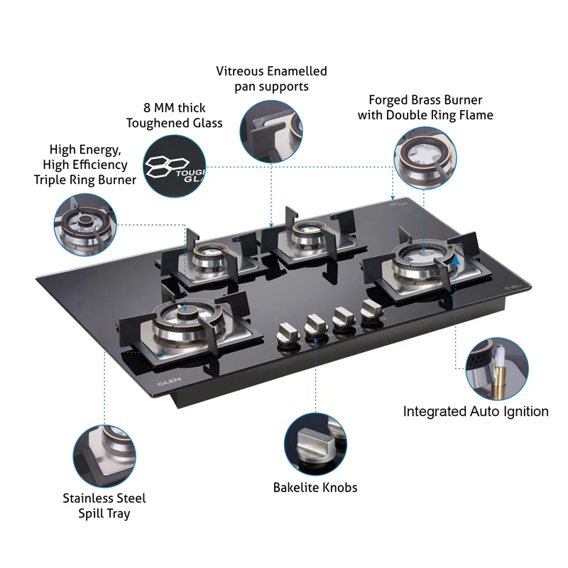 Glen 4 Burner Glass Gas Hob Top Forged Brass Burner(1074 SQHTDBTR) - Image
