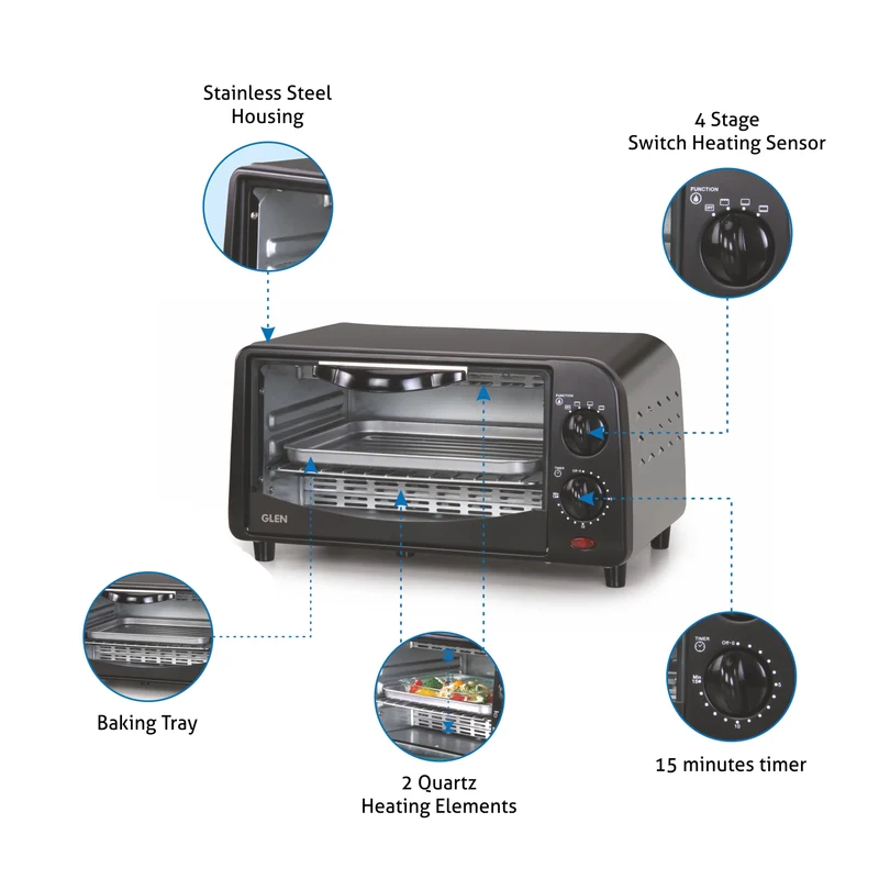 Glen Toaster Griller - 9 Litre 800W Power Quartz Heating Elements - Black (5009) - Image