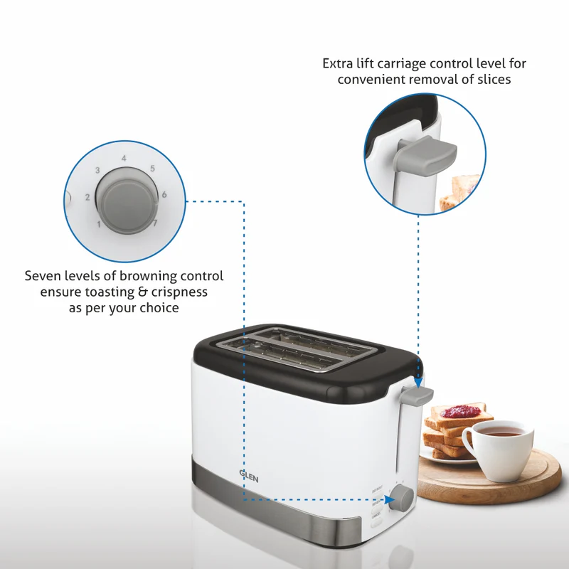 Glen Electric Auto Pop-up Toaster, 2 Slice 800W, 7 Level Browning Control, Removable Crumb Tray - White (3012) - Image