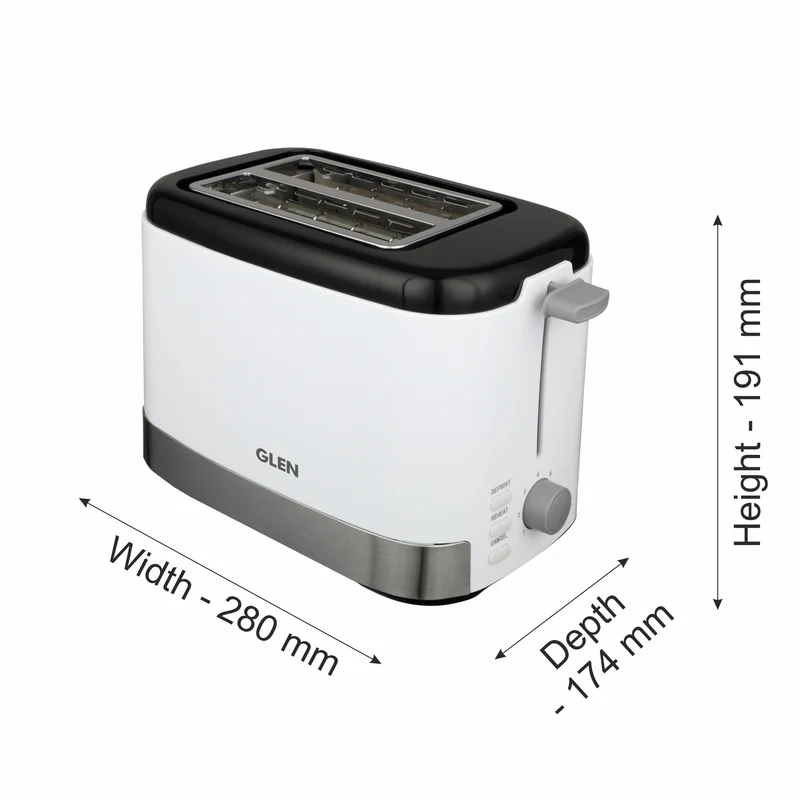 Glen Electric Auto Pop-up Toaster, 2 Slice 800W, 7 Level Browning Control, Removable Crumb Tray - White (3012) - Image