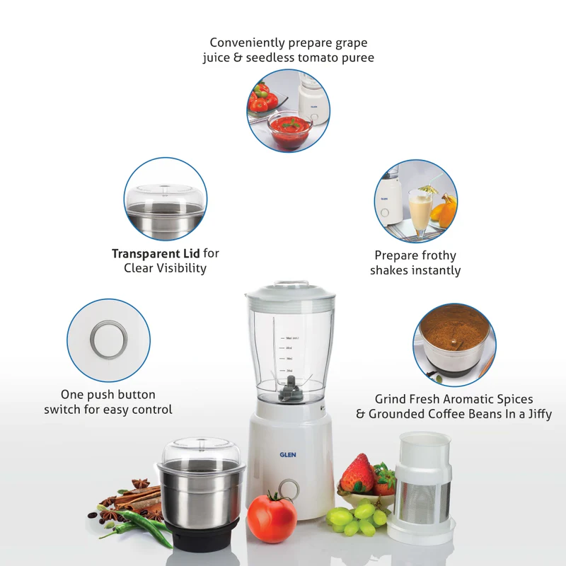 Glen Electric Mini Blender Grinder, 0.5 Litres Blender Jar Fruit Filter, SS Grinder Jar 350 W - White (4045BG) - Image