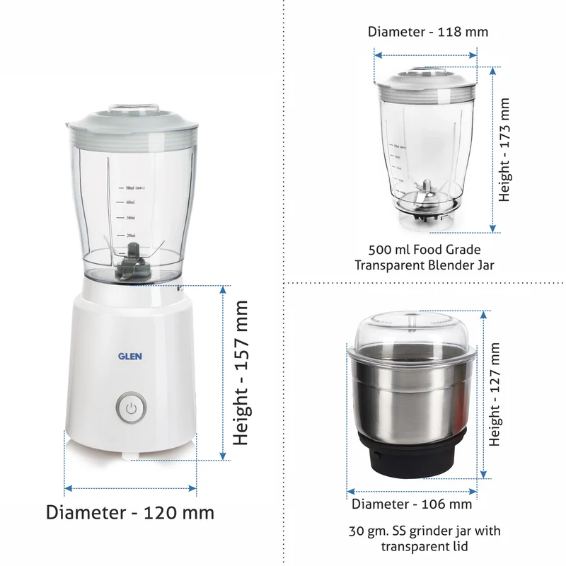 Glen Electric Mini Blender Grinder, 0.5 Litres Blender Jar Fruit Filter, SS Grinder Jar 350 W - White (4045BG) - Image