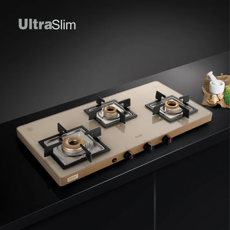 Glen 3 Burner Ultra Slim Apricot Glass Gas Stove with High Flame Forged Brass Burner - Manual / Auto Ignition (CT1035US) - Image