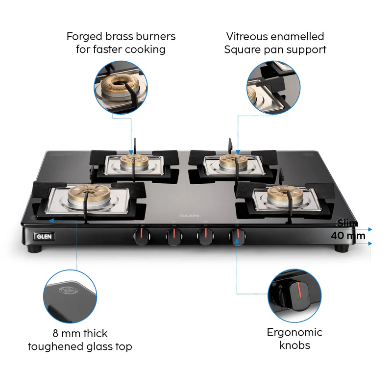 Glen 4 Burner Ultra Slim Glass Gas Stove 1 High Flame 3 Forged Brass Burner - Manual / Auto Ignition (CT1048SLSQ BLFB) - Image