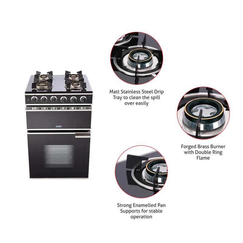 Glen Cooking Range Glass Gas Grill, Gas Oven Rotiseerie Double Ring Forged Brass Burners Auto Ignition (2014DBAI) - Image