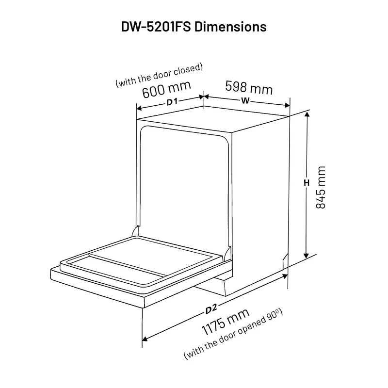 Glen Free Standing Dishwasher 12 Place Setting SS Panel Electronic Controls (DW-5201FS) - Image