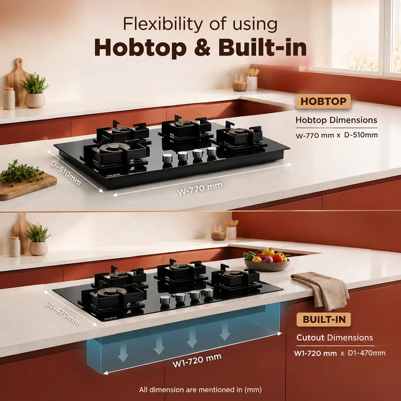 Glen 4 Burner DFVS Glass Hob Forged Brass Burners (BH1074DFHT2TR77) - Image