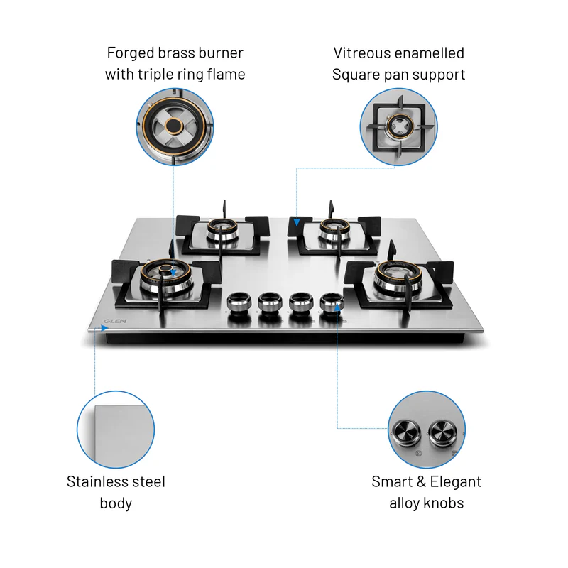 Glen 4 Burner Stainless Steel Hob Top Forged Brass Burners (BH1074SQHTSSDBMT70) - Image