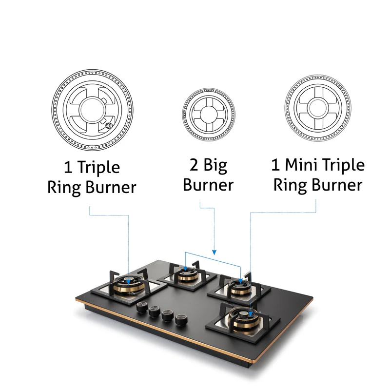 Glen 4 Burner Glass Gas Hob Top Total Brass Burner(1074SQHTT2TRMG) - Image
