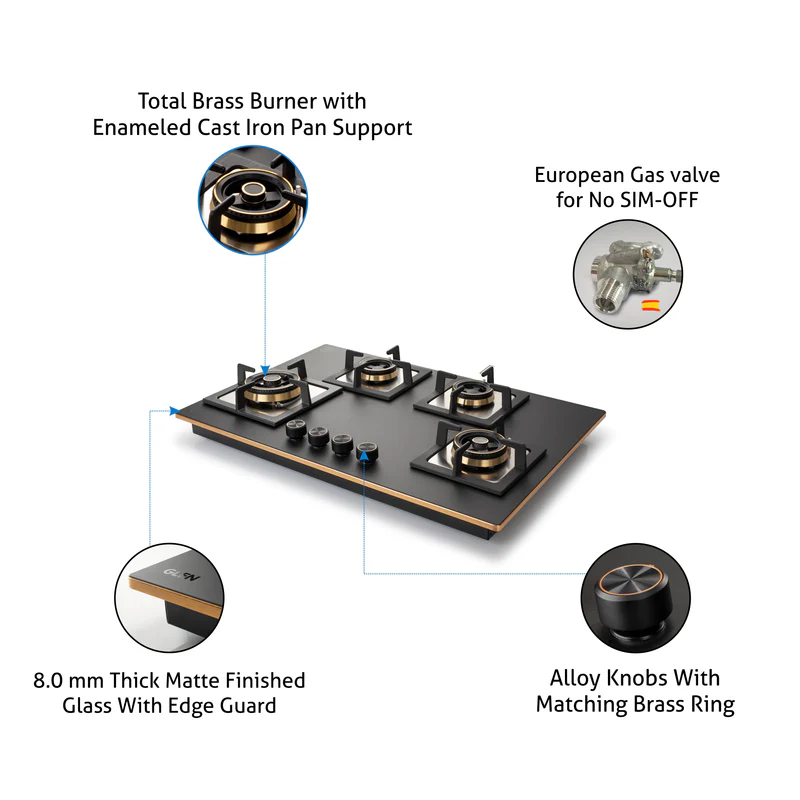 Glen 4 Burner Glass Gas Hob Top Total Brass Burner(1074SQHTT2TRMG) - Image