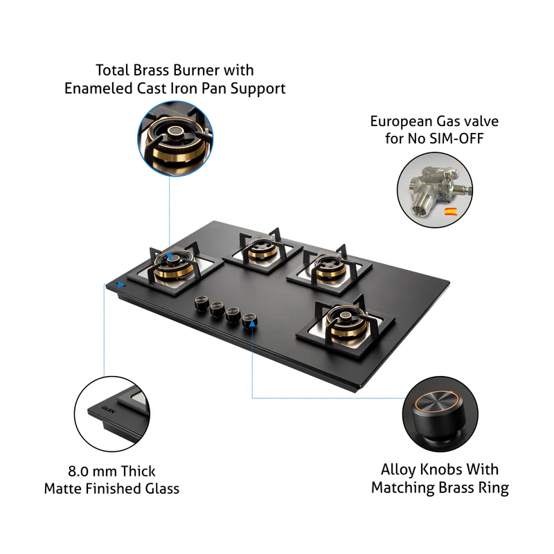 Glen 4 Burner Glass Gas Hob Top Brass Burner (1094XLCIHTT2TRMG) - Image