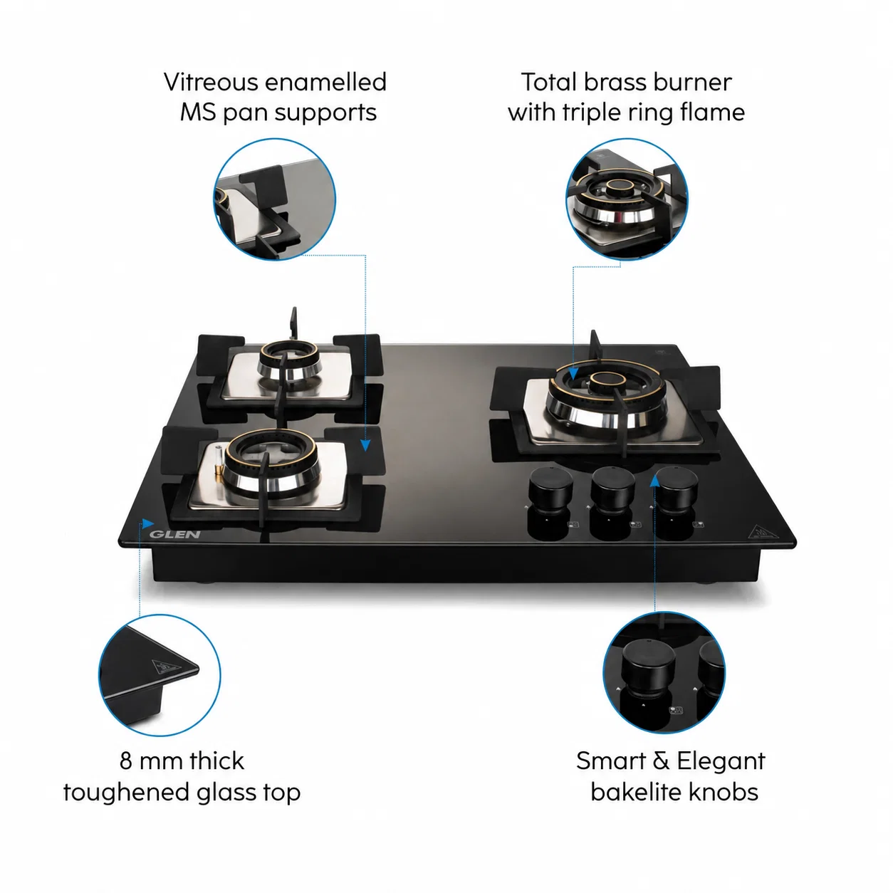 Glen 3 Burner Glass Hob Top Forged Brass Burners (1063 SQ HT DB TR) - Image