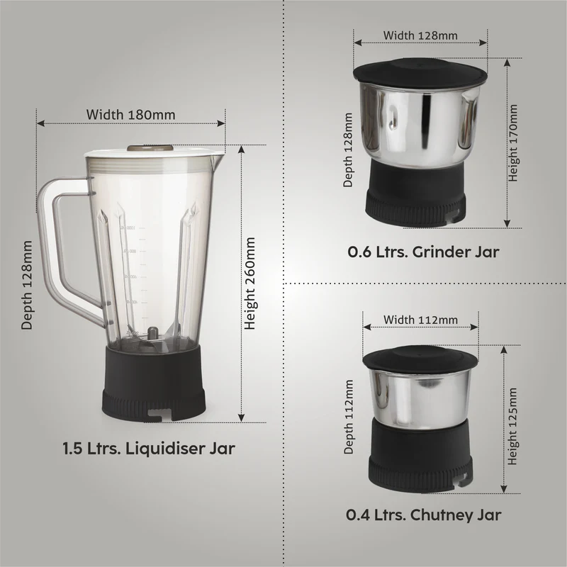 Glen 3-in-1 Juicer Mixer Grinder 600W with 1 Transparent Liquidiser, 2 Stainless Steel Grinder Jars - Black (SA4014JAR3) - Image