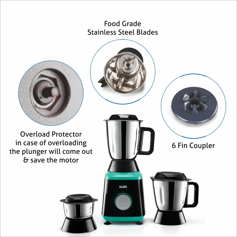 Glen Mixer Grinder 750W 100% Copper Motor, 3 Stainless Steel Liquidiser, Grinder, Chutney Jars - Black & Green (4030) - Image