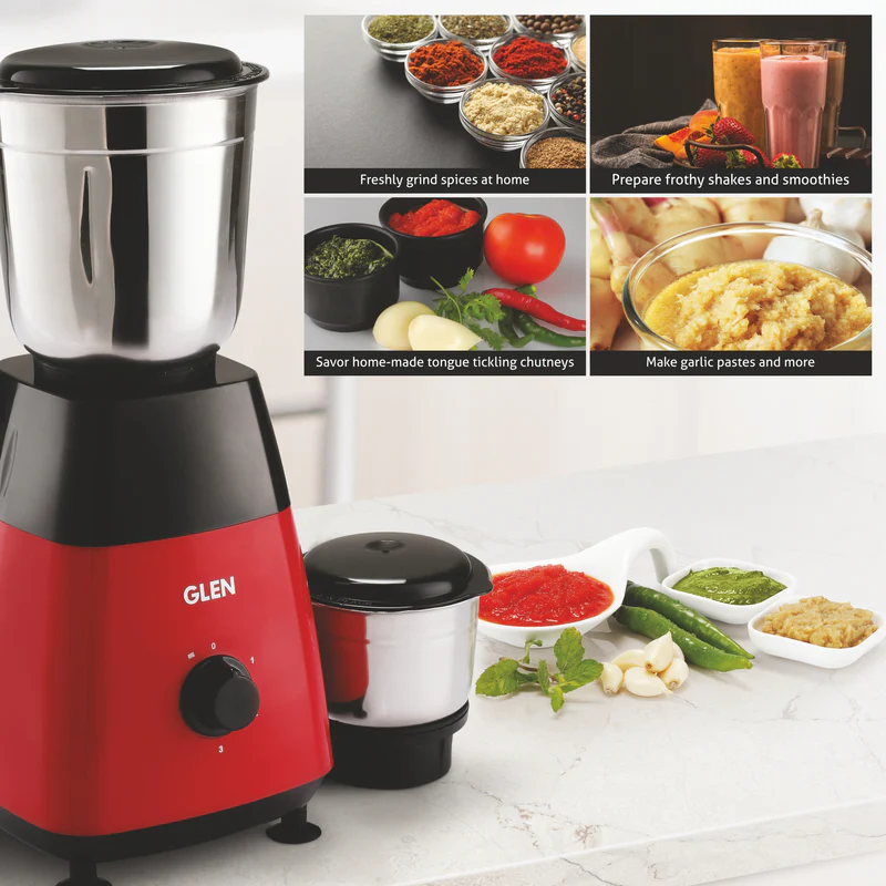 Glen Mixer Grinder 500W with 2 Stainless Steel Grinder and Chutney Jars - Red (4023) - Image