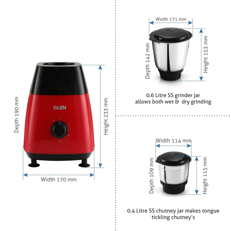 Glen Mixer Grinder 500W with 2 Stainless Steel Grinder and Chutney Jars - Red (4023) - Image
