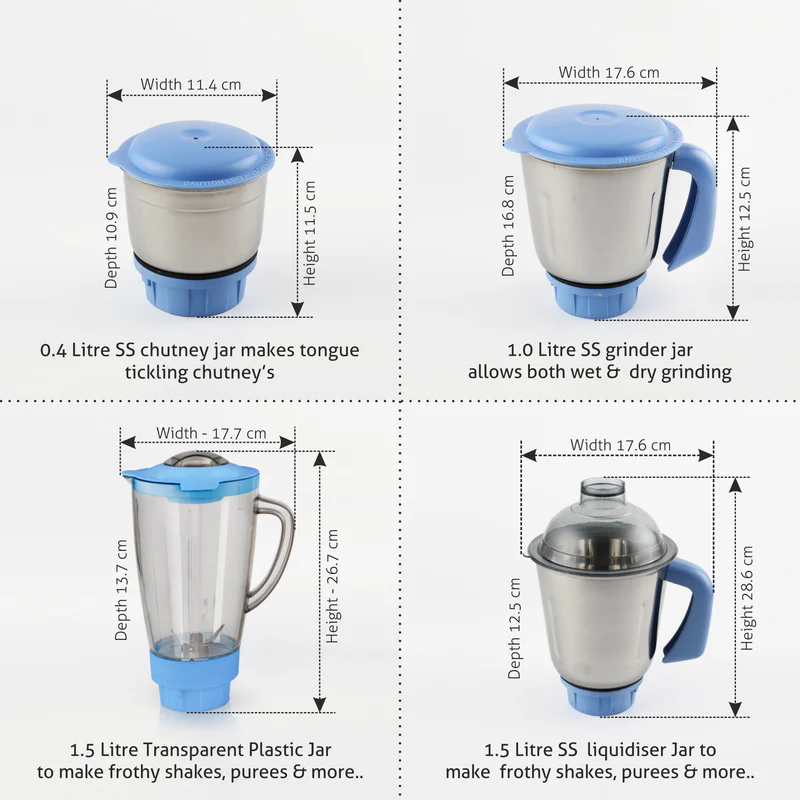 Glen Mixer Grinder 750W with 1 Transparent Jar 3 Stainless Steel Jars - White & Blue (4023 PLUS) - Image