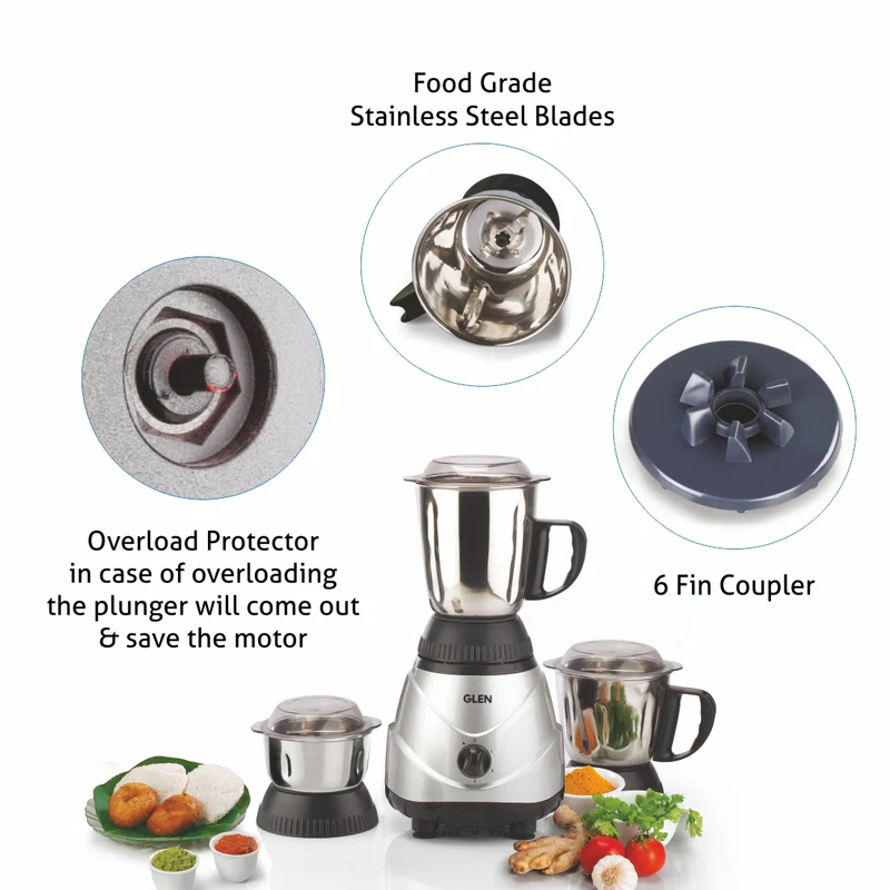 Glen Mixer Grinder 750W 100% Copper motor, 3 Stainless Steel Liquidiser, Grinder, Chutney Jars - Silver (4022 PLAT) - Image