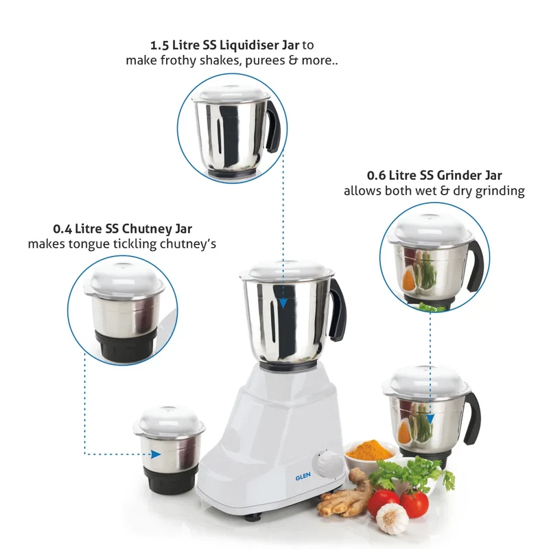 Glen Mixer Grinder 500W With 3 Stainless Steel Blender, Grinder, Chutney Jars Stainless Steel Blades - White, Black, Red (4020) - Image